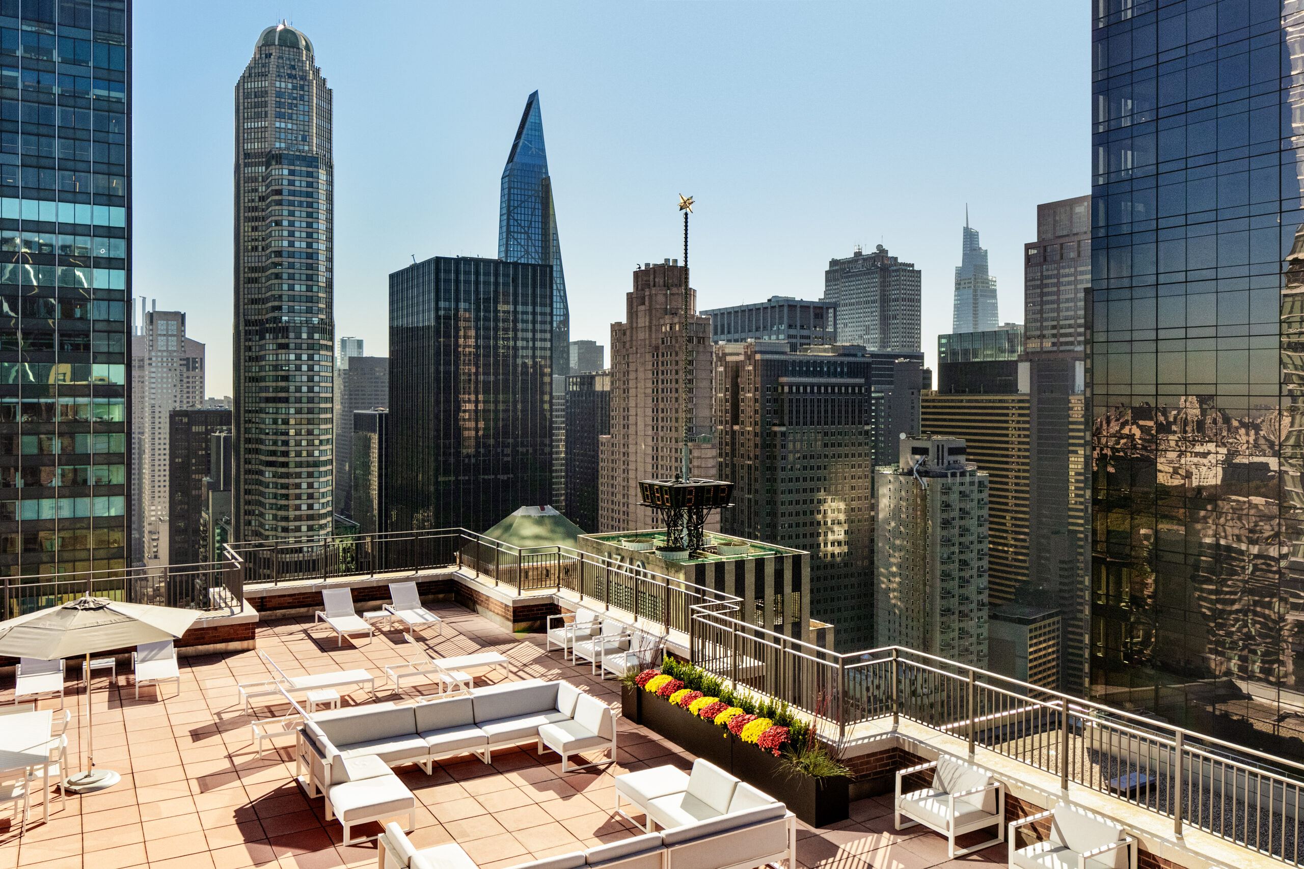View of the rooftop area and City views at Symphony House 235 West 56th Street